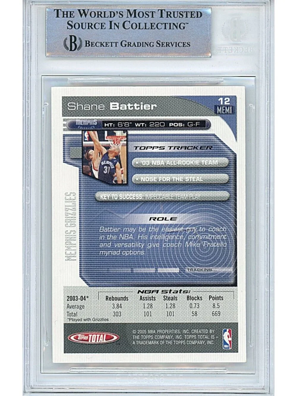 Shane Battier Signed Grizzlies '05 Topps Total Basketball Card Beckett Autograph